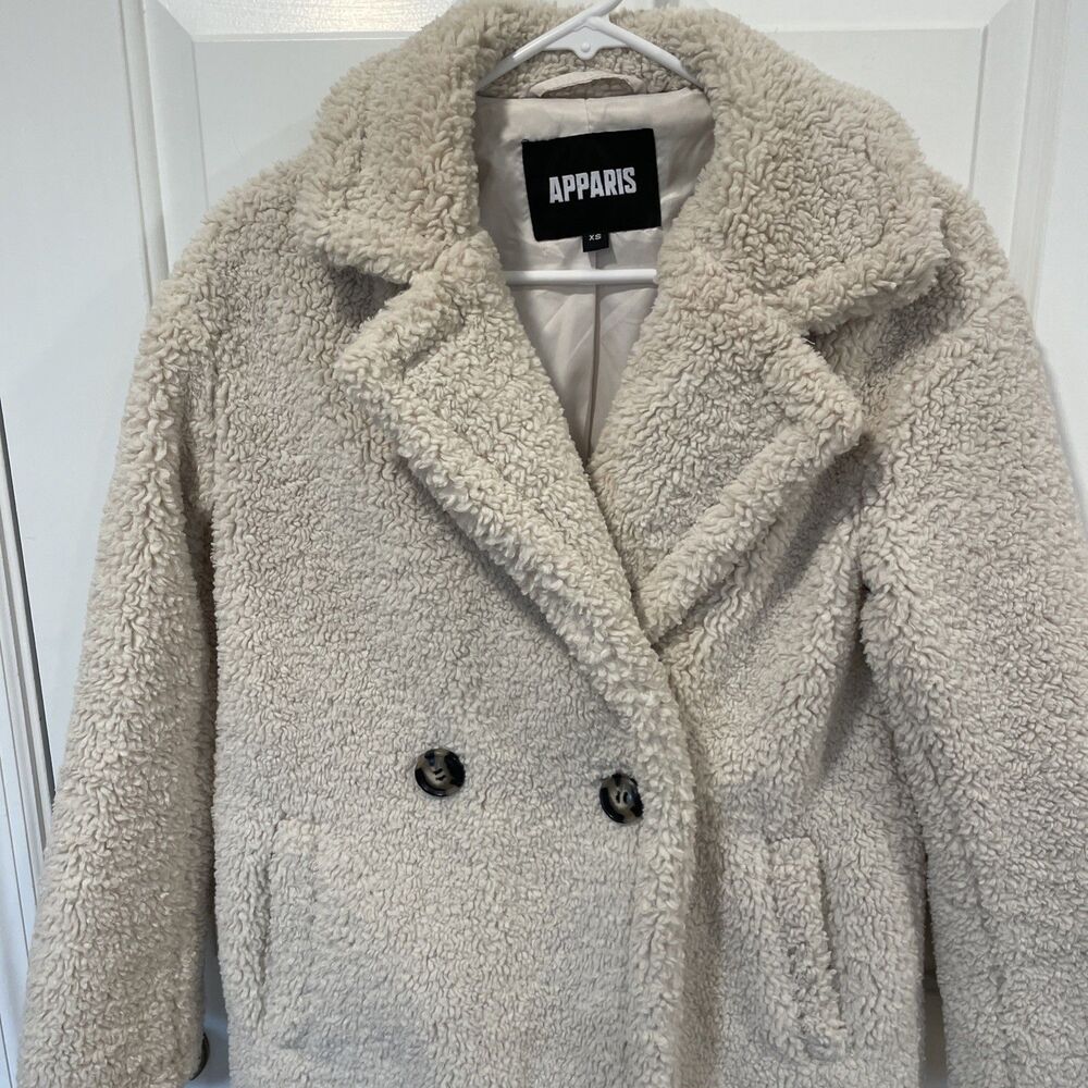 Apparis Anoushka Faux Fur Double-Breasted Long Teddy Coat XS Small Beige Cream - Picture 3 of 9